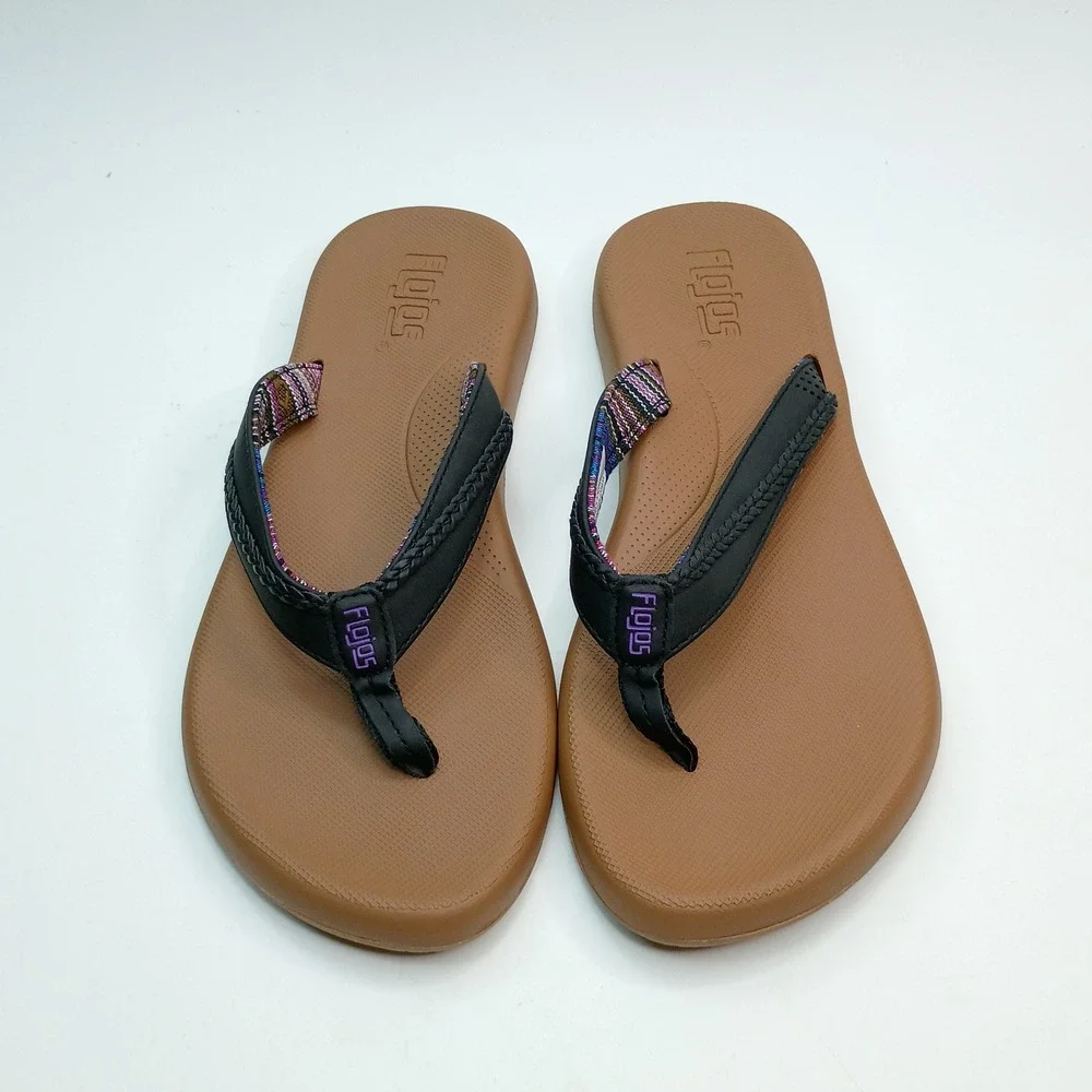 Flojos Fiesta Flip Flop Women Size 7 Black Tan Woven Strap Sandals
